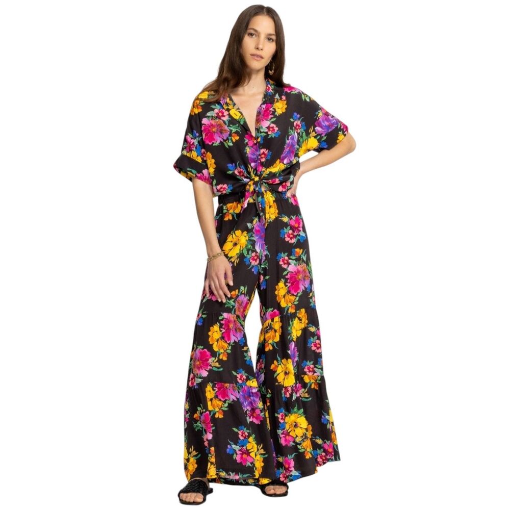 JOHNNY WAS Poppy Floral Silk Tiered Flared Pants & Button Shirt Set